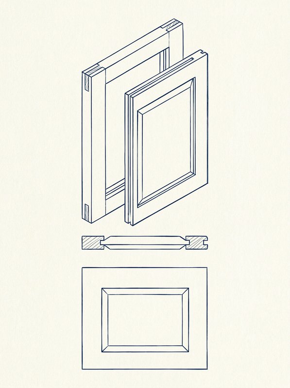 Line drawings of eight kitchen cabinet fronts shown from the same angle: shaker, slim shaker, in-frame, slab, J-pull handleless, rail handleless, fluted and glazed.