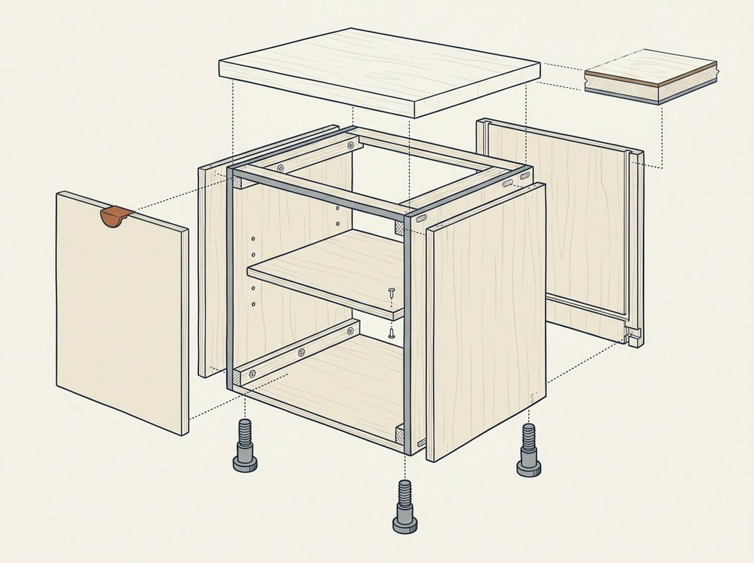 Exploded line drawing of a kitchen cabinet carcass, showing the two side panels, base, top rail and back panel separated to reveal how they join together, with the service void marked behind the back panel.