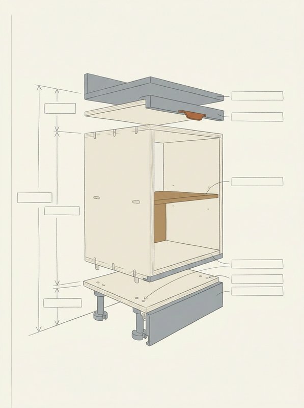 Cross-section of a base unit showing the adjustable legs, the carcass box, and the worktop on top, each with its height marked in millimetres